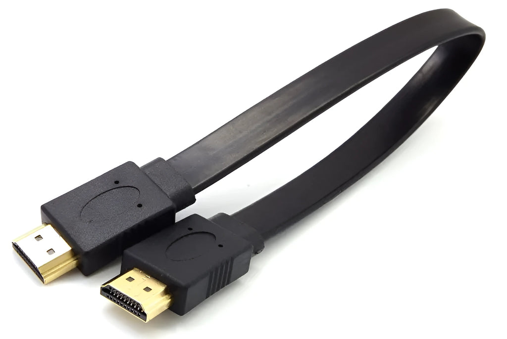 Gold-plated HDMI cable on a white background, showing connector detail.