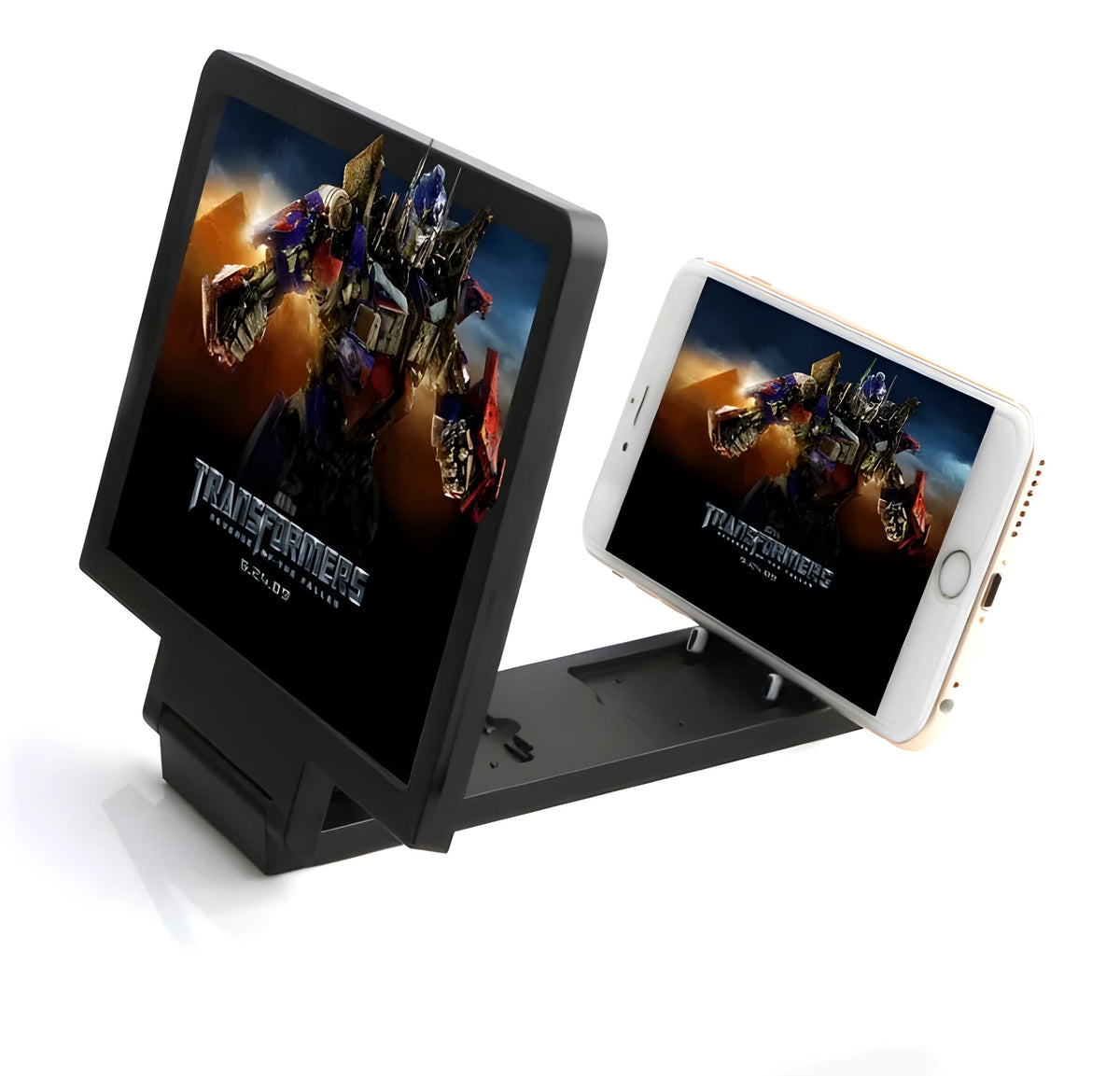 Black and white 3D mobile phone stand with adjustable holder on rotating base.