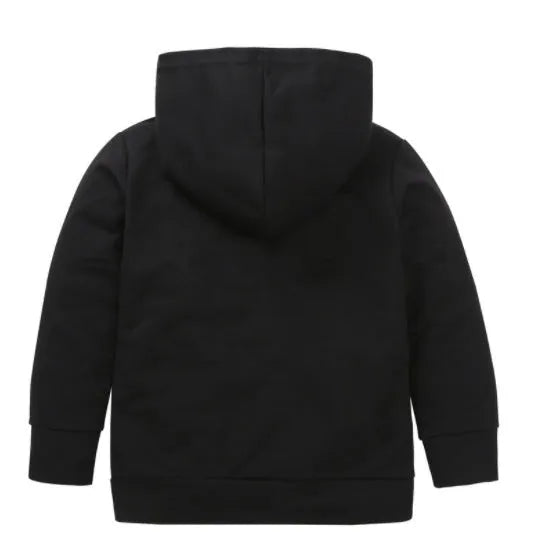 Children's black hooded sweater with white letter pattern, long sleeves, and pullover design.