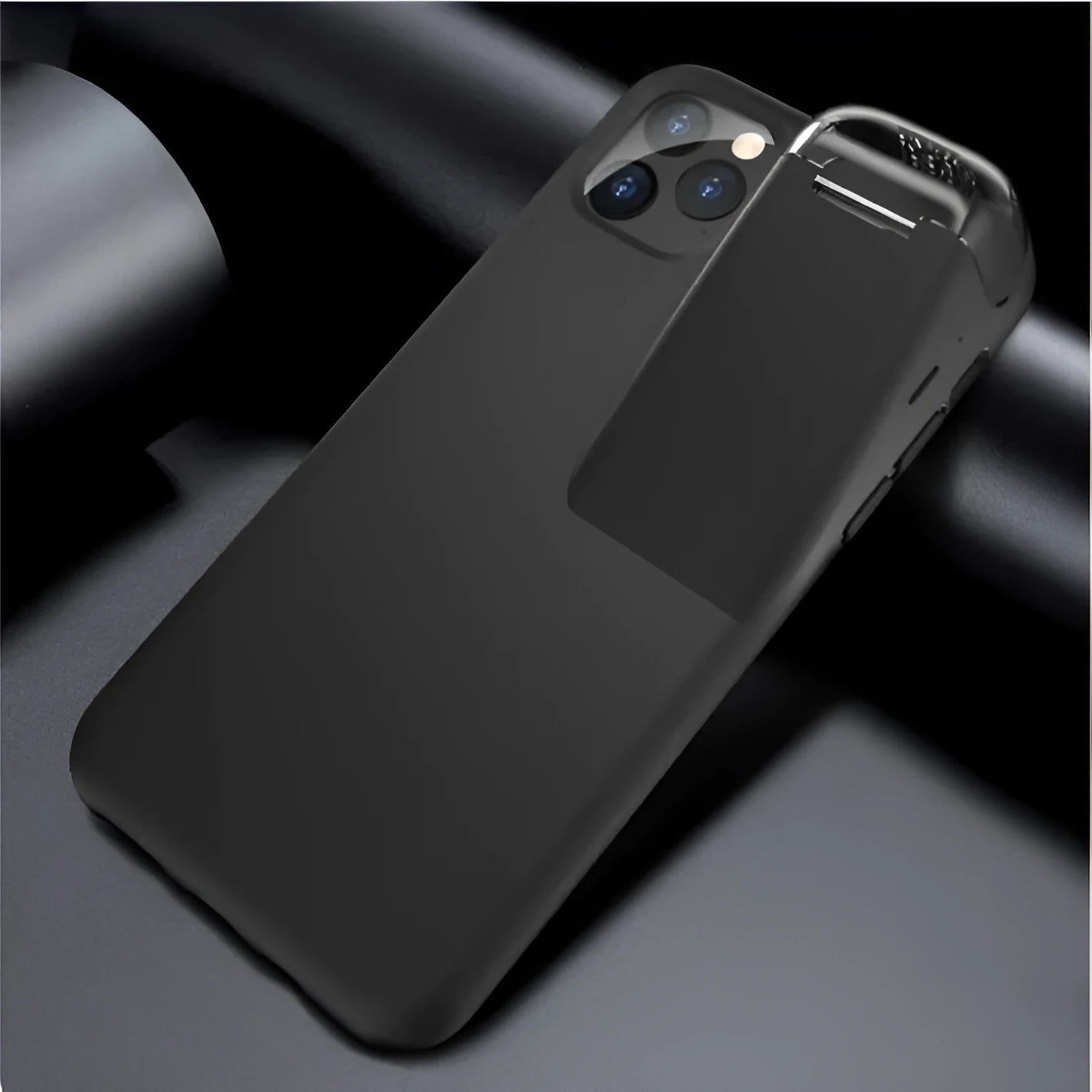 Matte acrylic and silicone AirPods charging case cover with iPhone edge protection in black colour