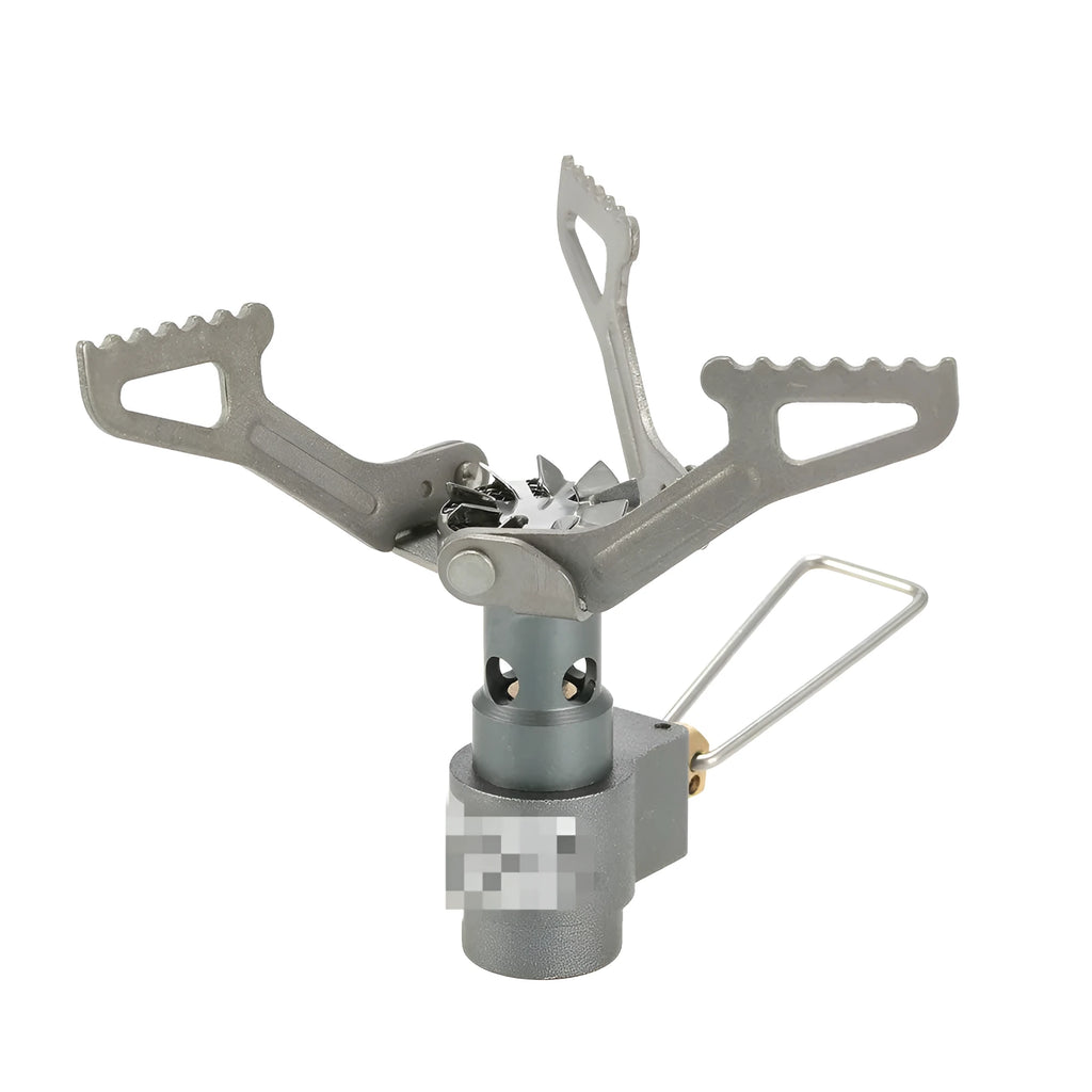 Compact silver portable camping stove with a one-piece burner, using a small green propane gas canister.