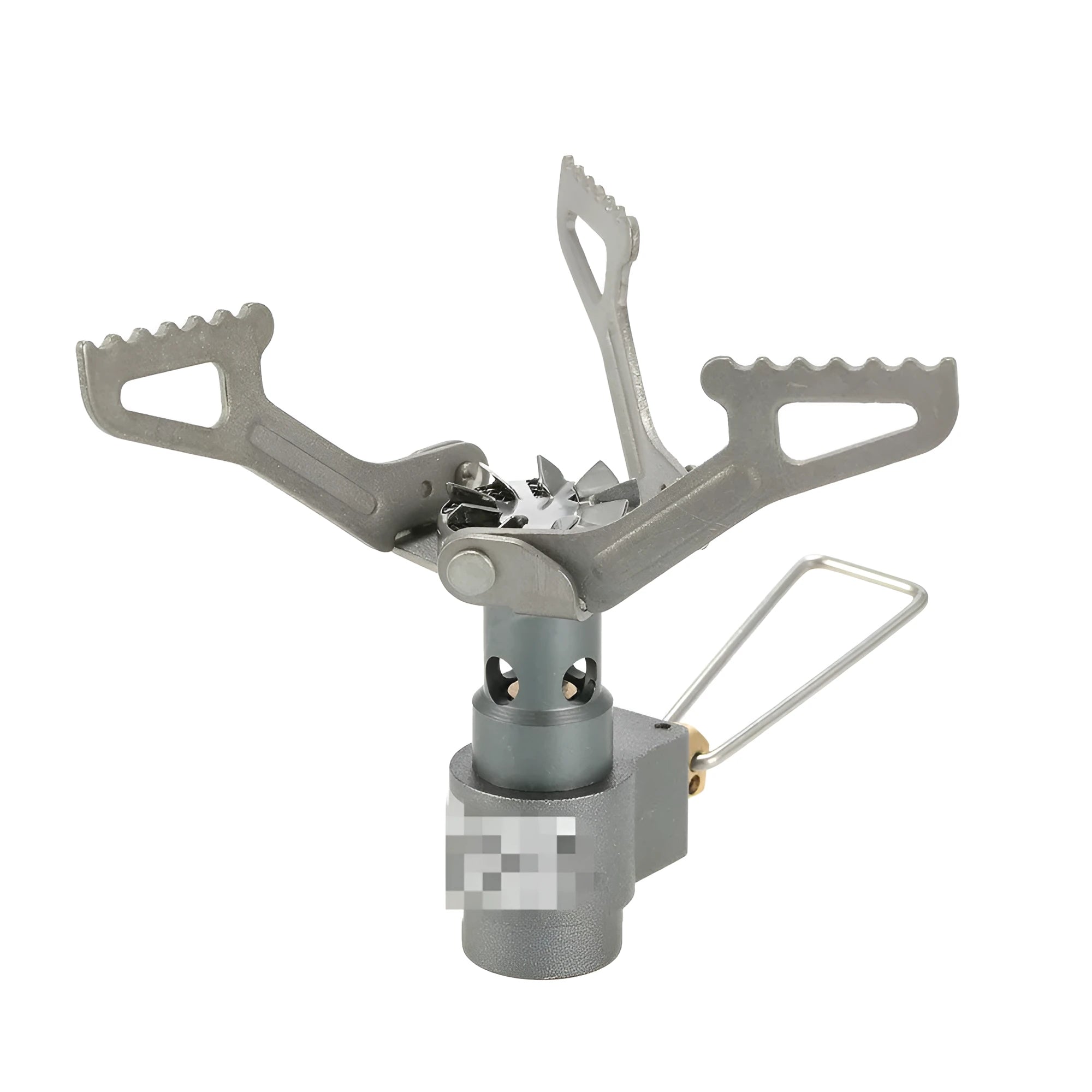 Compact silver portable camping stove with a one-piece burner, using a small green propane gas canister.