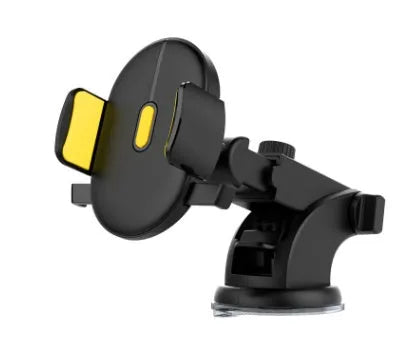 Yellow and black telescopic car phone holder with suction cup mount extended on a dashboard.
