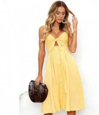 Women summer sleeveless backless strap long close-fitting sheath dress in cotton blend with A-line short skirt
