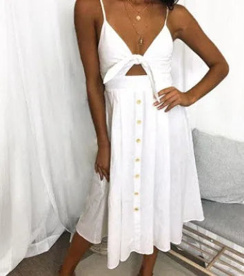 Women summer sleeveless backless strap long close-fitting sheath dress in cotton blend with A-line short skirt