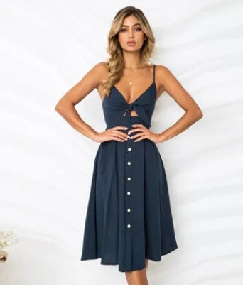Women summer sleeveless backless strap long close-fitting sheath dress in cotton blend with A-line short skirt