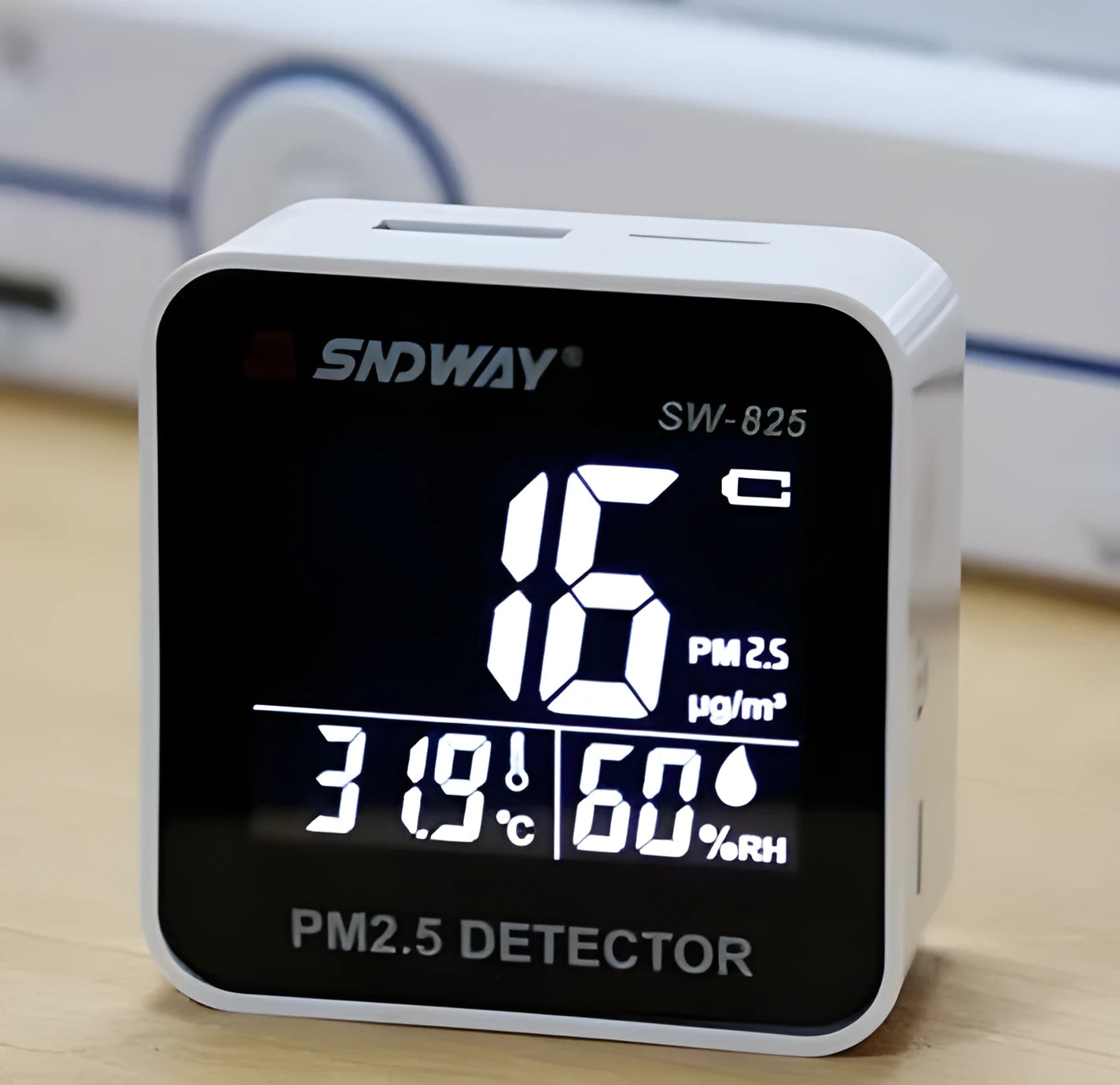 Digital air quality monitor with laser PM2.5 detector, temperature and humidity display, USB rechargeable