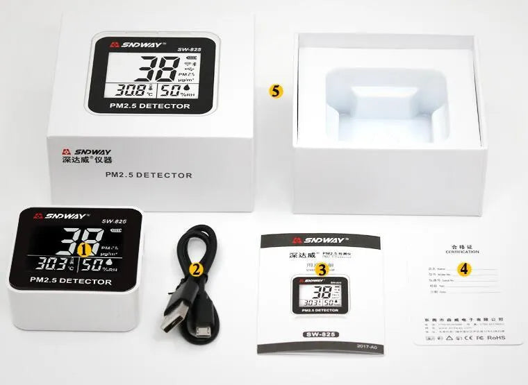 Digital air quality monitor with laser PM2.5 detector, temperature and humidity display, USB rechargeable