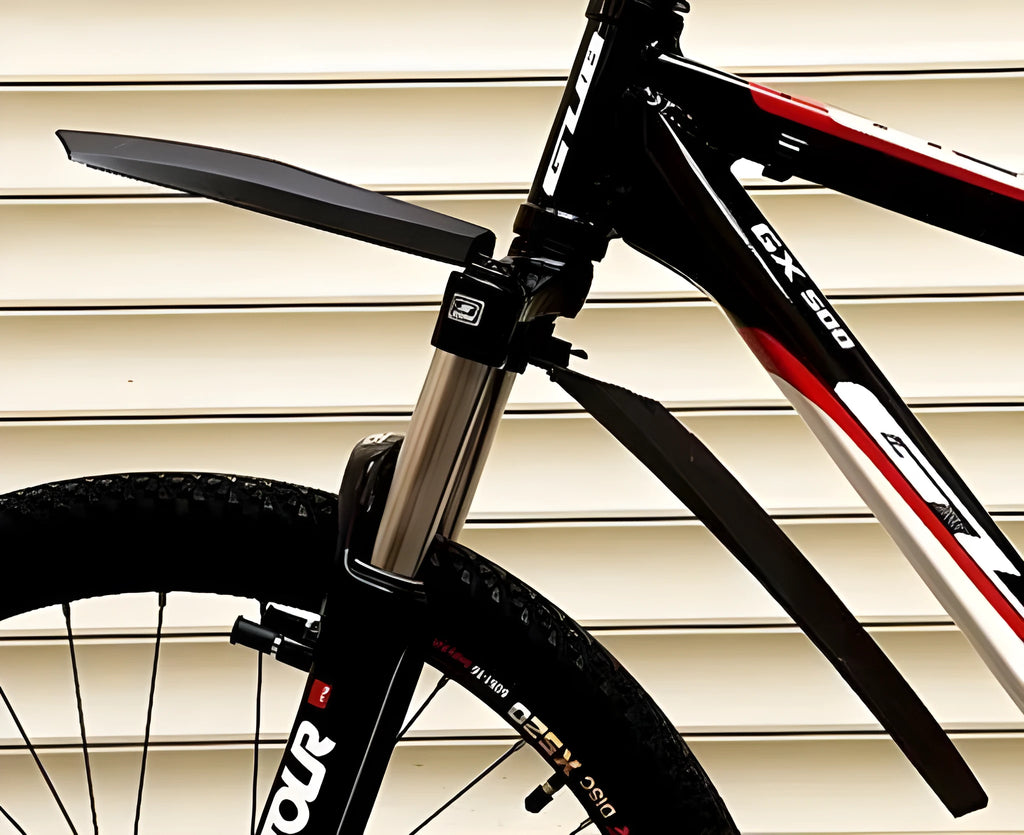 Bicycle mudguard set showing front and rear plastic fenders with quick-release mounting hardware