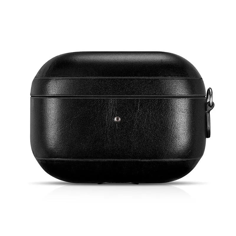 AirPods Pro protective sleeve flip case with ring buckle in brown plastic and leather