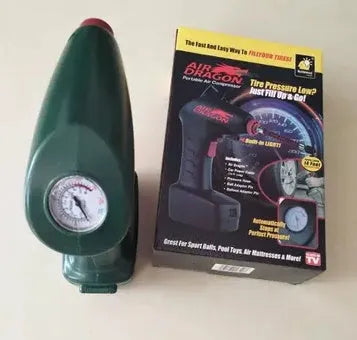 Compact black 12V portable car tyre inflator with digital display screen and LED light.