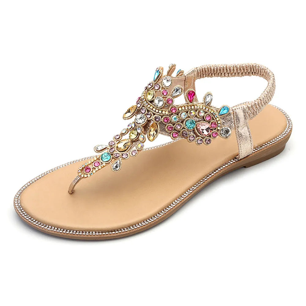 Gold sandals with colourful diamond decorations, low heel 1-3cm, and TPR sole