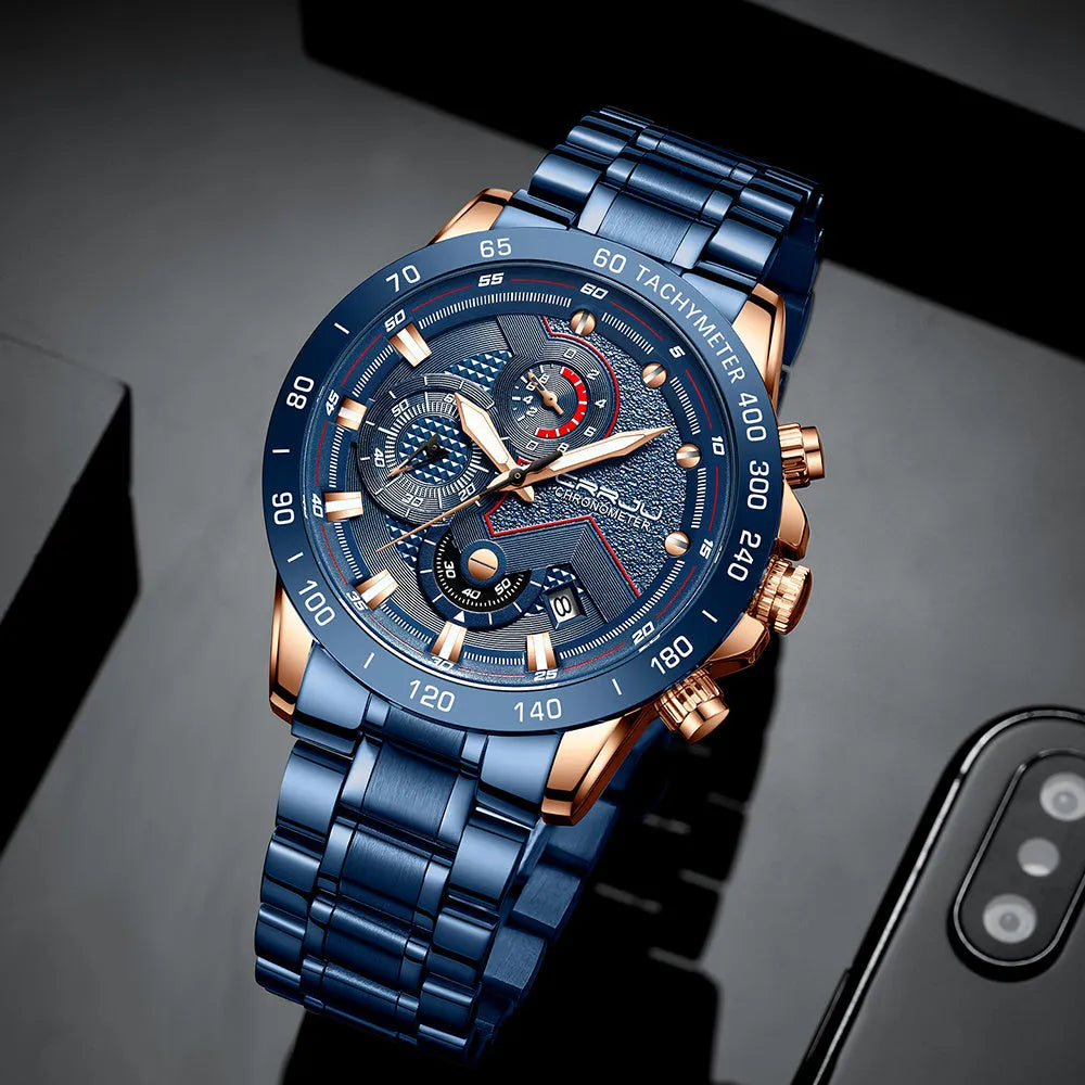 Multi-function six-needle chronograph watch with stainless steel strap and IP blue alloy case model 2280