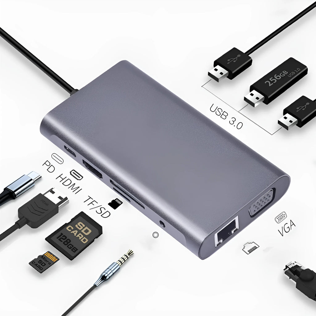 10-in-1 USB C docking hub and portable PD power bank compatible with Apple MacBook and iPhone.