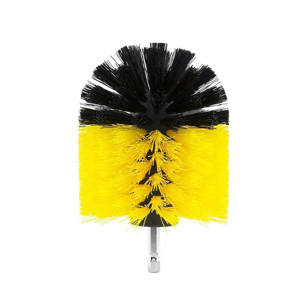 Three nylon drill brushes in different sizes for cleaning bathroom, tile and grout surfaces.