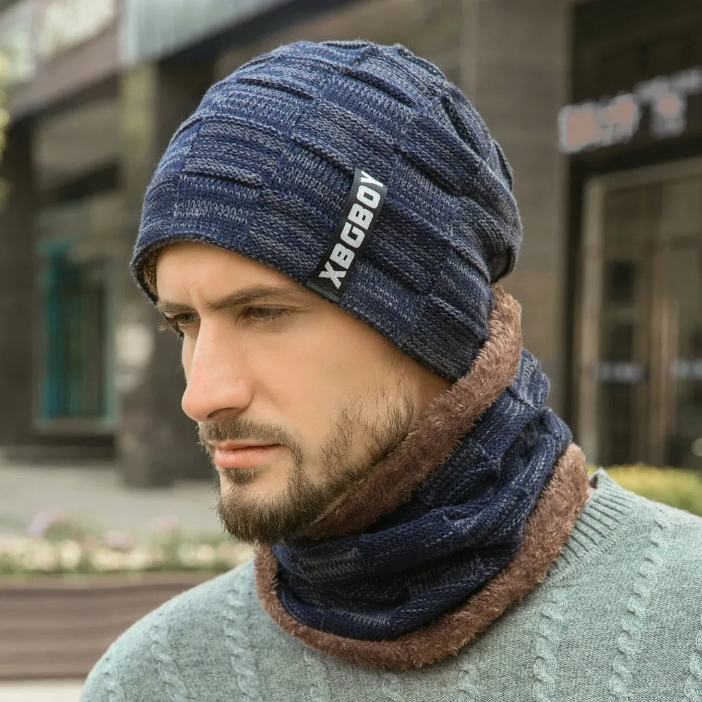 Wool knit hat and collar set in Black, Grey, Khaki, Navy and Wine Red with unisex warp knit design