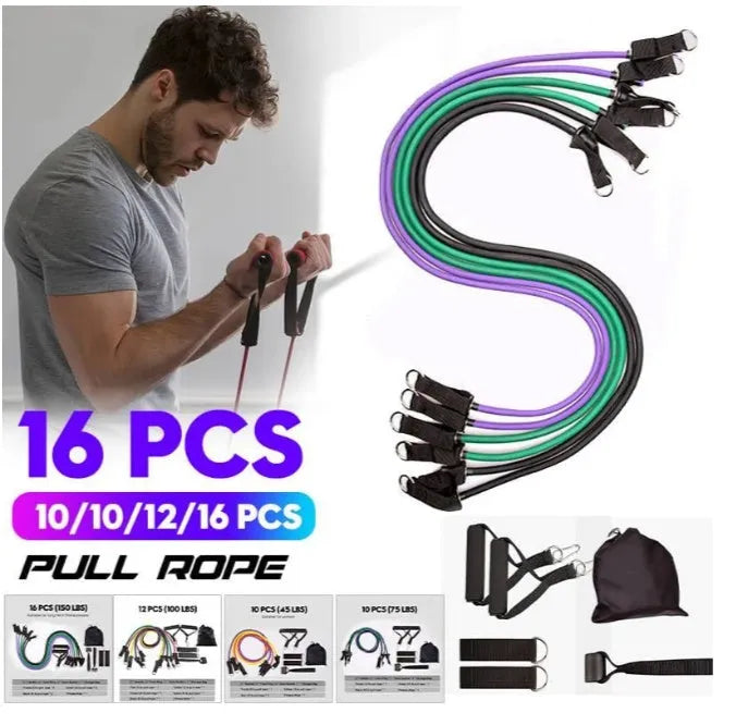 Rally resistance band fitness equipment set with colour-coded latex pull ropes, handles, foot rings, and door buckle
