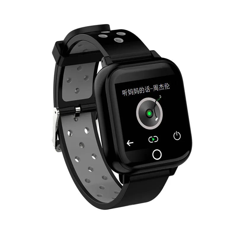 Black smartwatch with integrated Bluetooth earbuds showing 1.4-inch touchscreen display