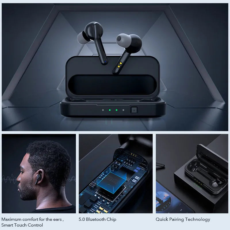 Black and white true wireless earbuds with charging case on a table, showing compact design.