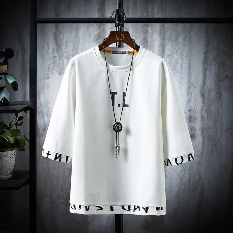 Men's round neck 100% cotton printed t-shirt in black, khaki or white with middle sleeve