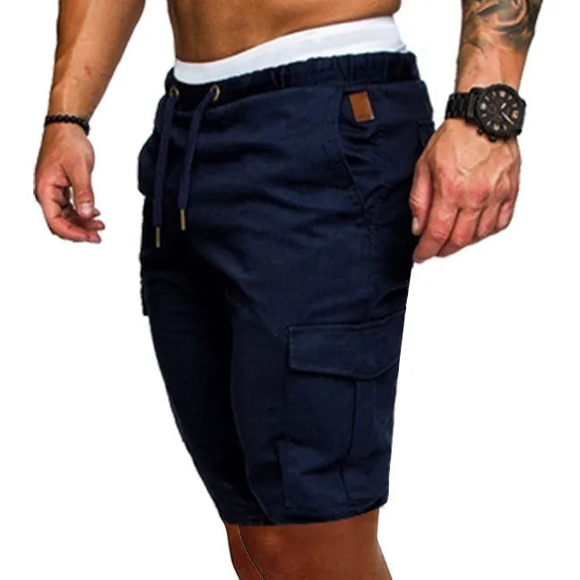 Casual cotton blend multi-pocket men's shorts in Army Green, front view, sizes S-3XL