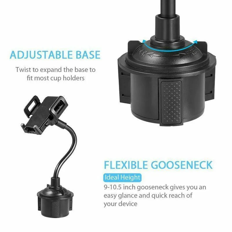 Black car phone mount with adjustable side handles showing windscreen suction cup and air vent clip hook mounting options