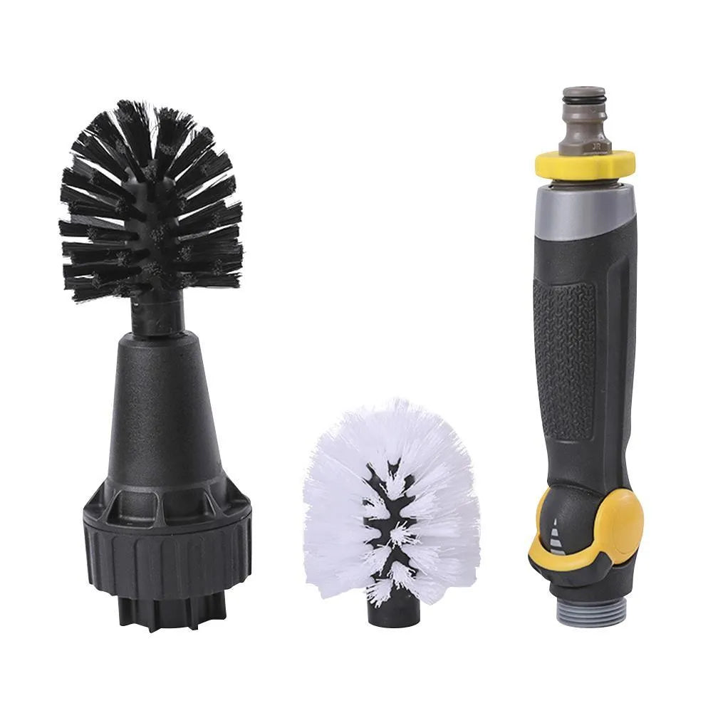 Black water-powered wheel brush 38cm long with soft and rigid brush heads connected to garden hose for tyre cleaning