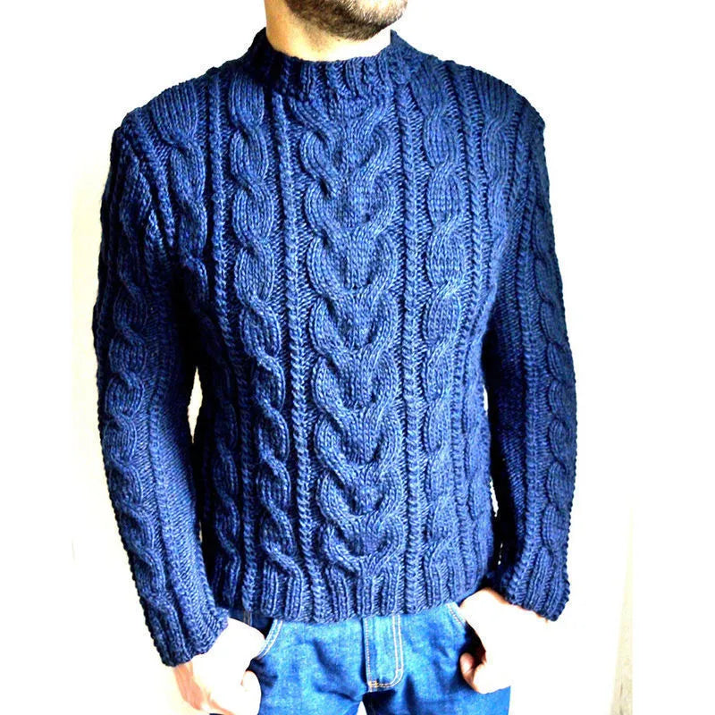 Fashion Men's Long-sleeved Padded Pullover Sweater with twisted flower knit, round neck, in dark green colour.