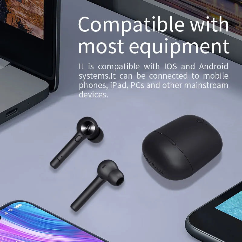 Black TWS Bluetooth headset with compact charging case measuring 60 x 67.5 mm
