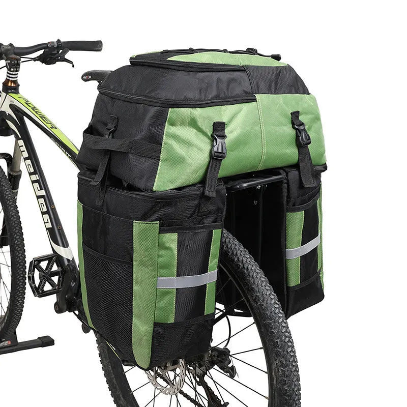 Rhinoceros 70L bicycle rear storage bag in green colour with three-in-one mounting system for touring