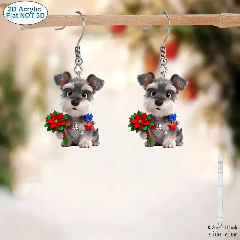 Flat cartoon Schnauzer dog earrings in acrylic, unisex Christmas style animal jewellery, one pair