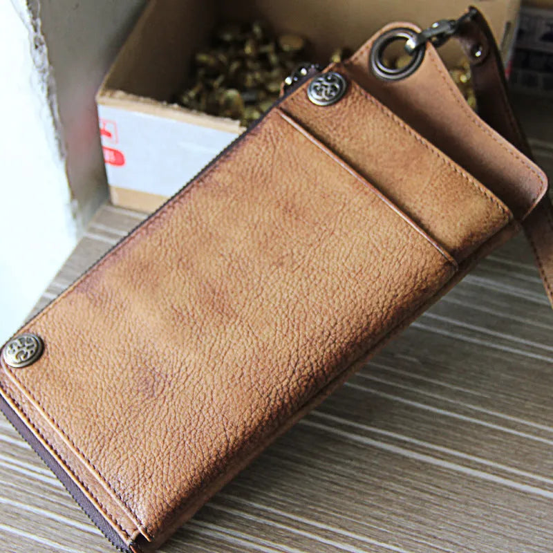 Retro long wallet handbag in bark brown first layer cowhide with 13 card slots and zipper bill pocket
