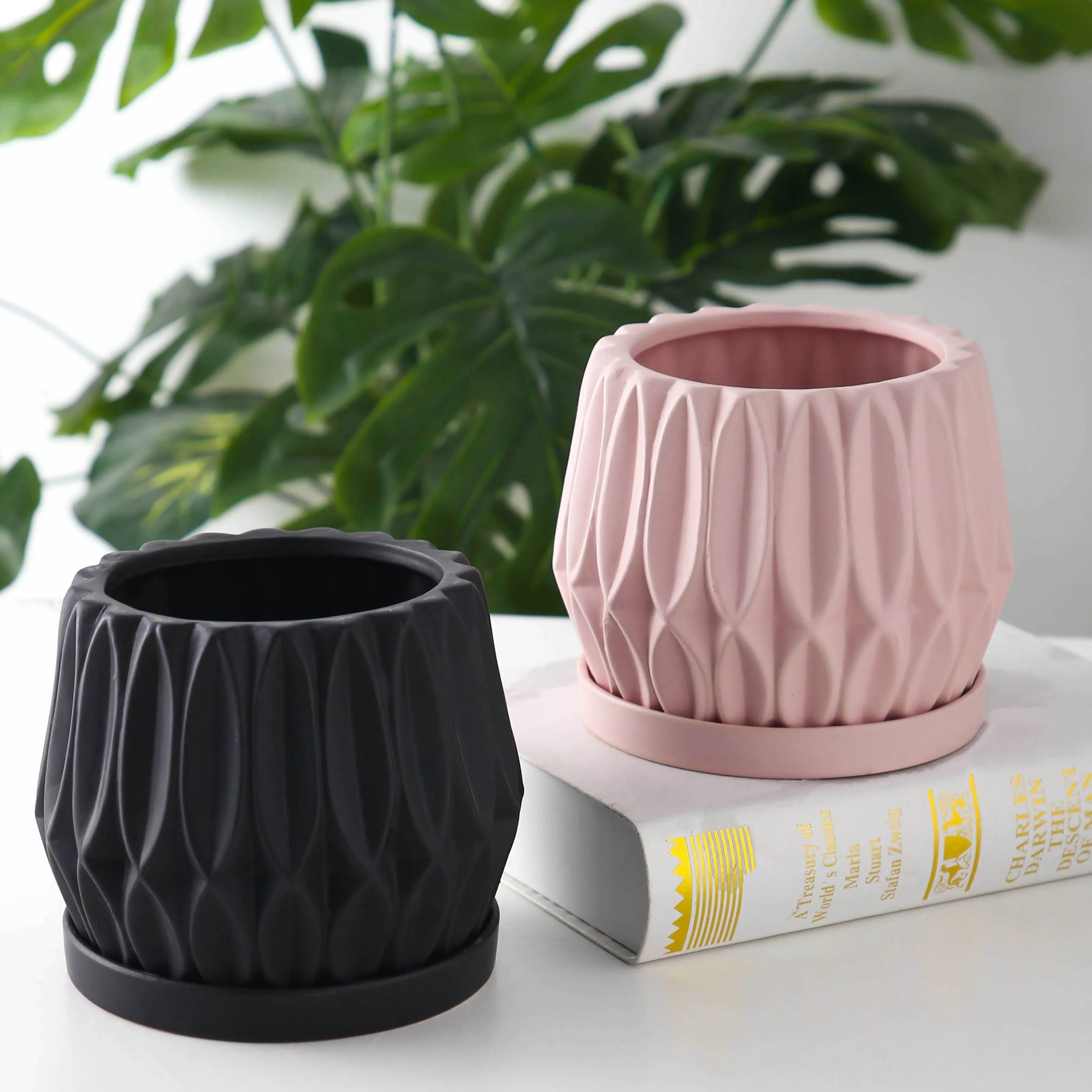 Medium grey ceramic flowerpot for tabletop or floor plant display