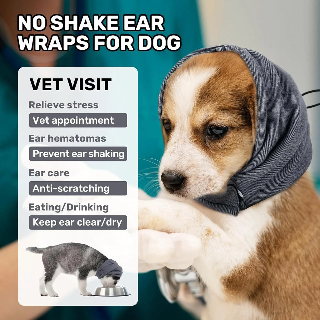 Gray dog calming hoodie ear wrap with adjustable fit for noise protection and anxiety relief
