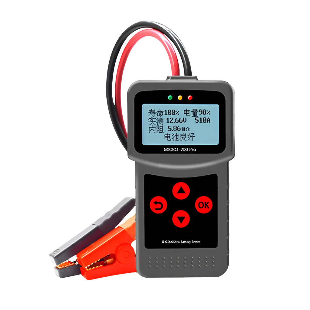 Black car battery tester with display and cables, measuring 15x6x3 cm