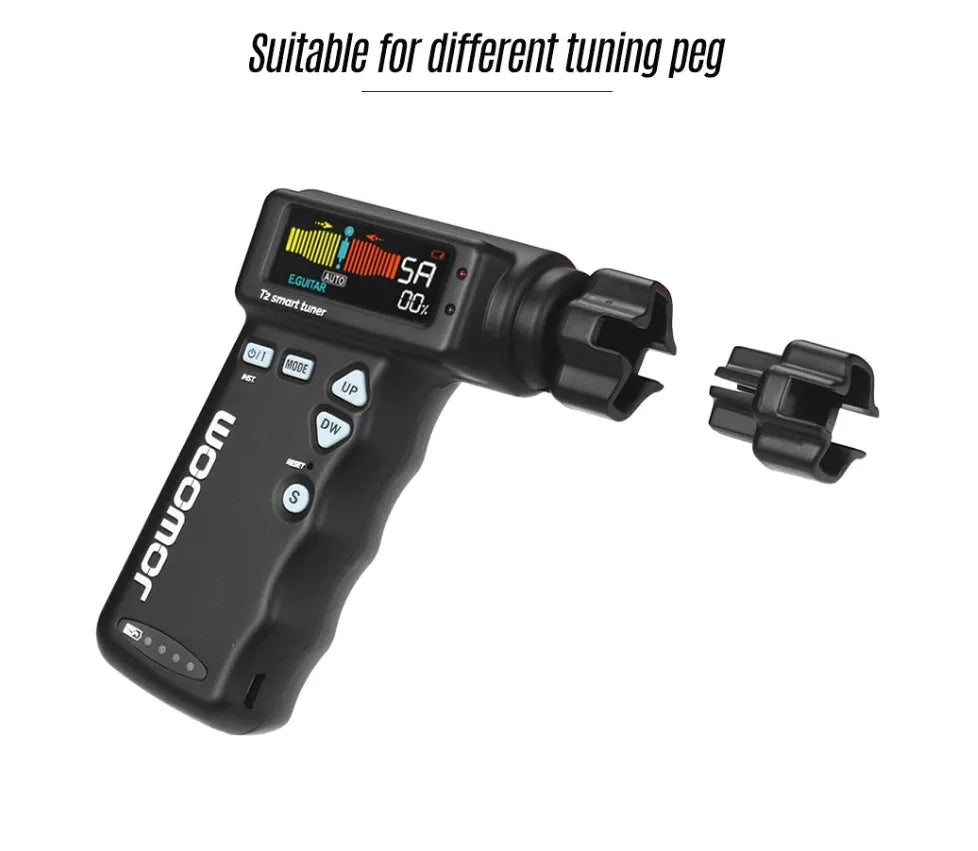 Black and white smart guitar tuner with integrated string winder and colour LCD display on a guitar headstock.