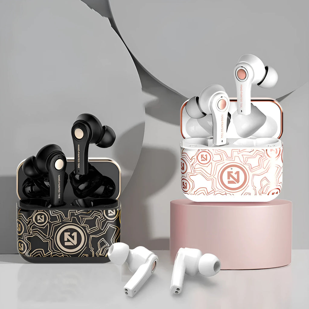 Black and white TWS wireless in-ear headphones with touch controls and a Type-C charging case.