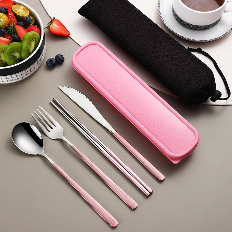 304 stainless steel portable cutlery set with gold knife fork spoon and mesh bag