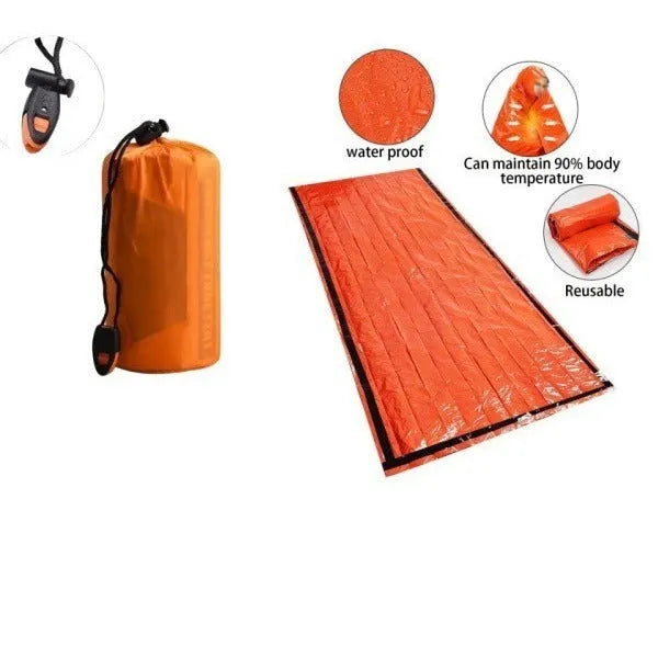 Aluminium film emergency sleeping bag in orange or green, 93x210cm, with drawstring bag and whistle.