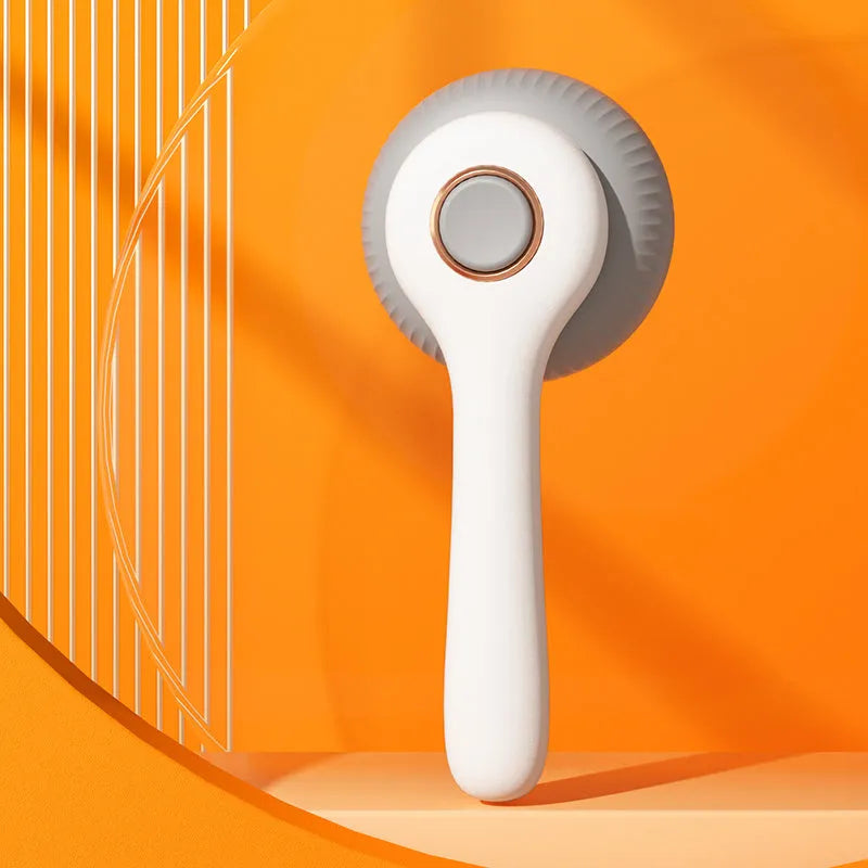 Blue and white self-cleaning slicker brush for grooming cats and dogs on a neutral background.