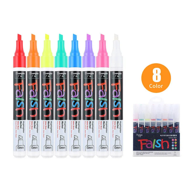 Electronic fluorescent board highlighter pen with plastic shell and oblique tip, shown in 8 colour refill set.