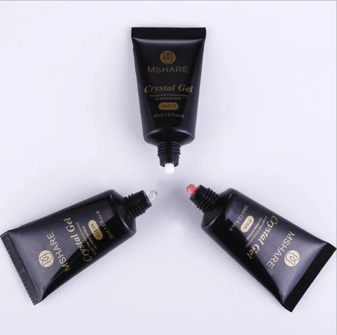 MSHARE acrylic poly gel in a tube with slip solution, available in pink, rose pink, transparent, and white for UV nail extensions