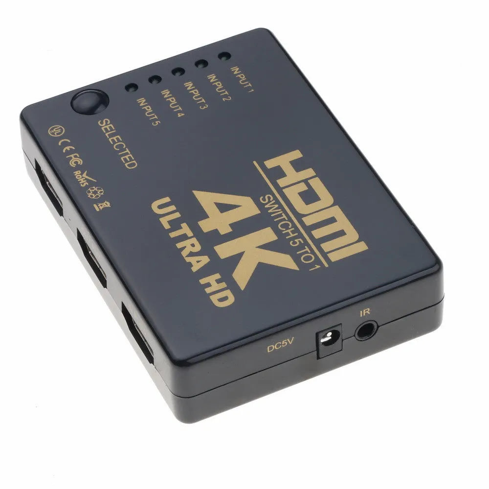Black 5-in-1 HDMI switcher with remote control suitable for HDTV and high-definition devices