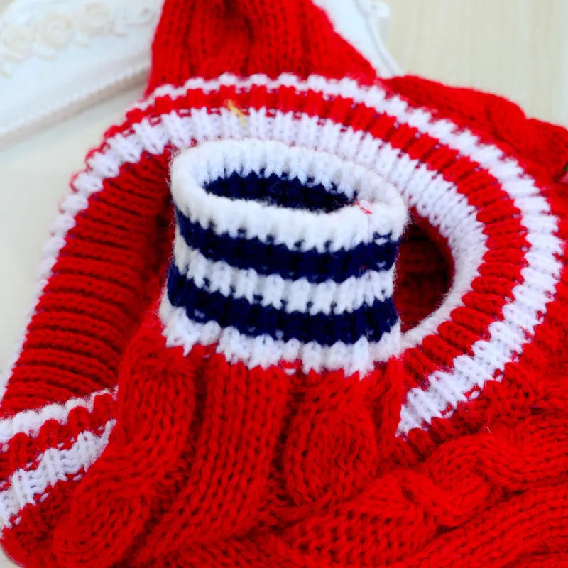 Casual wool dog pet sweater in four-legged design, available in Blue, Pink, Red, Navy, and Strap styles for small to medium dogs