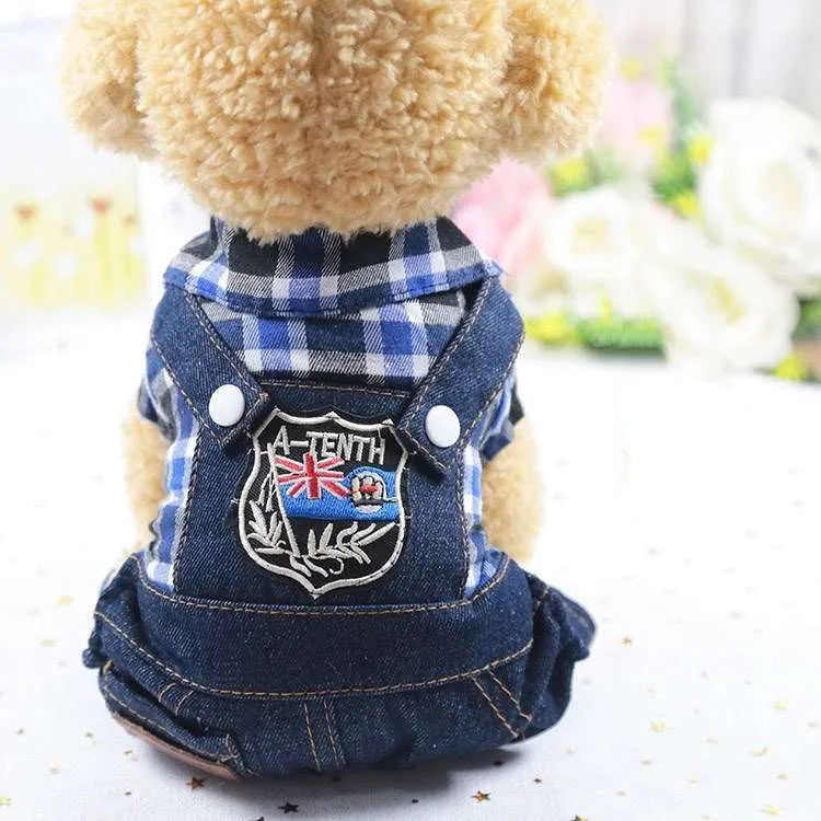 Green denim four-legged dog outfit for small breeds, casual style, size M