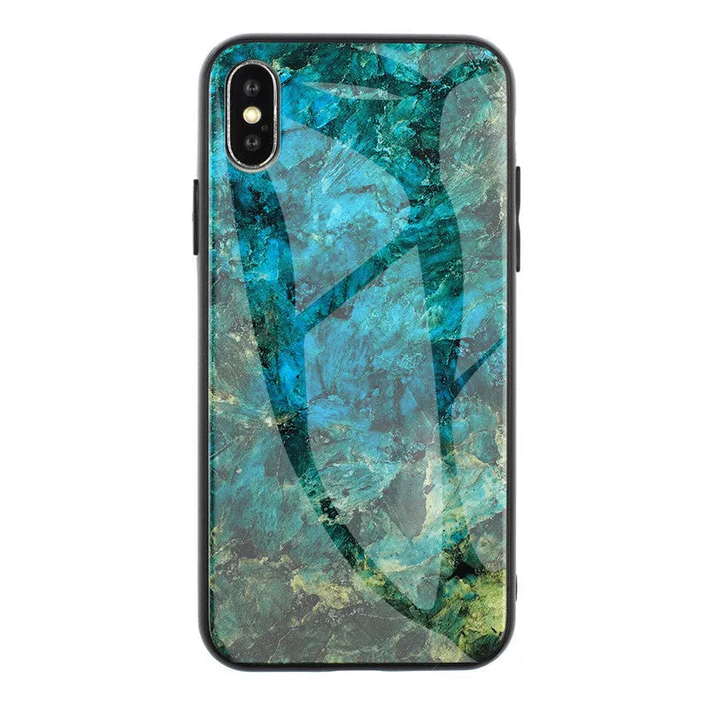 Huawei phone case with marbled glass shell design in blue, gold, green, purple, red and white colours