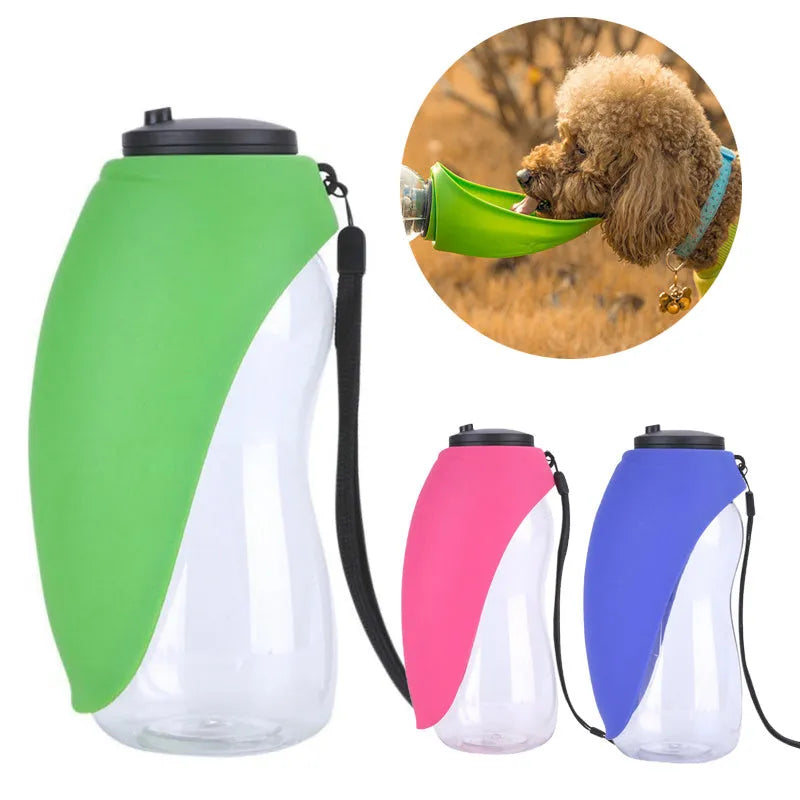 Blue portable pet water bottle with attached drinking bowl for dogs and cats