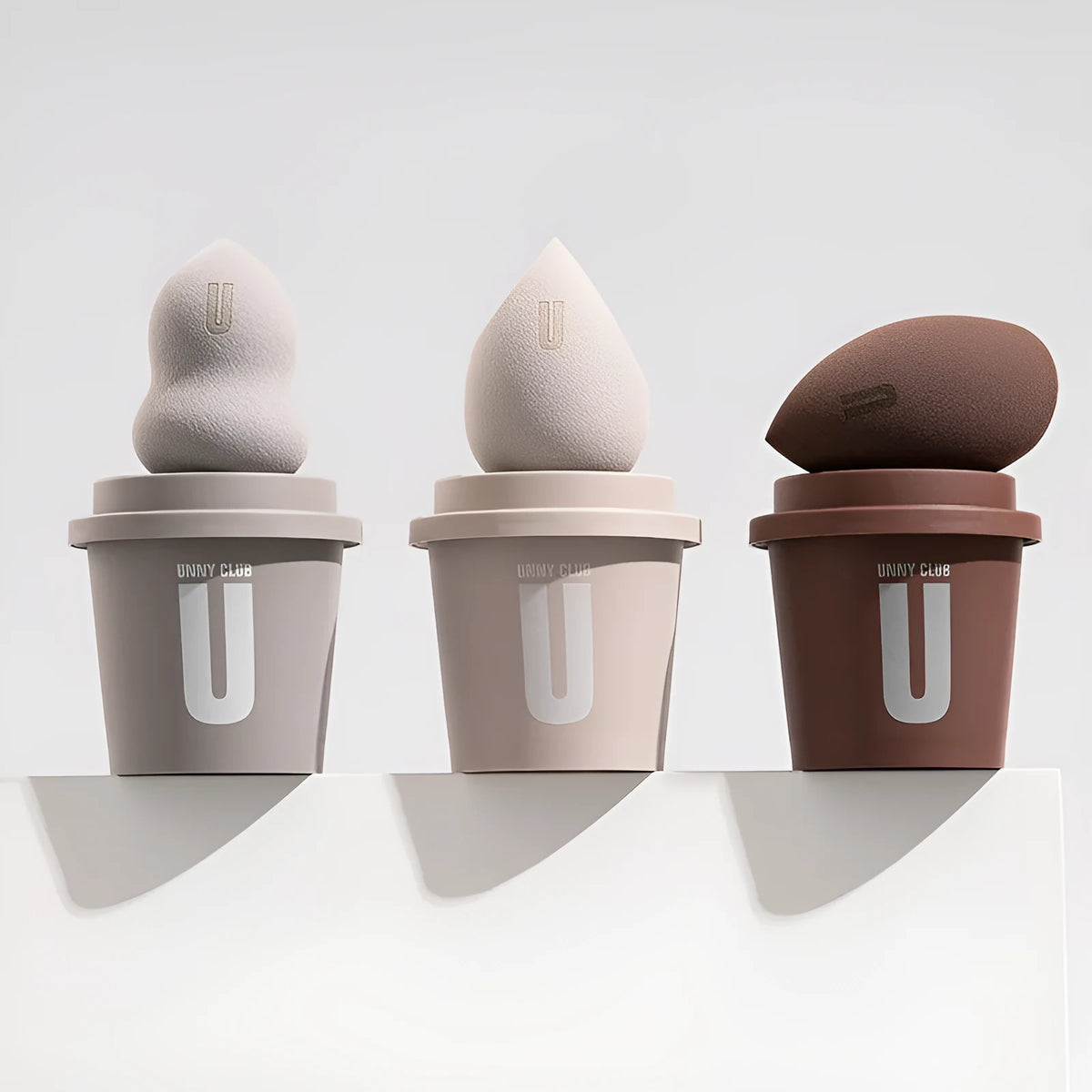 Three soft Unny makeup egg sponges in a pack, made from hydrophilic polyurethane, for liquid foundation blending