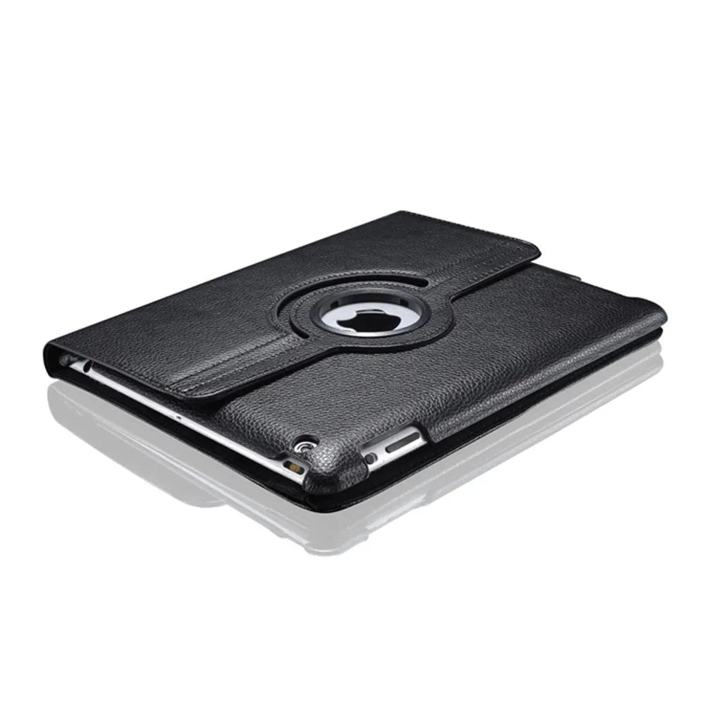 iPad rotating leather-look case in multiple colours showing 360-degree swivel function and clam shell design