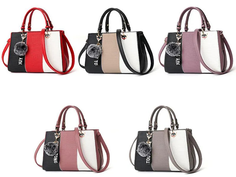 Women handbag made of PU leather with patchwork design and hairball ornaments in grey, pink, purple, and red colour options